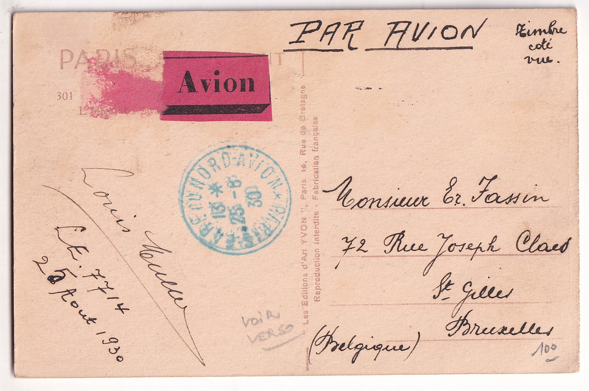 1 PAN°5 PARIS 1930 CARTE POSTALE PAR AVION POUR BRUXELLES CAD BLEU GARE DU NORD AVION EN BLEU