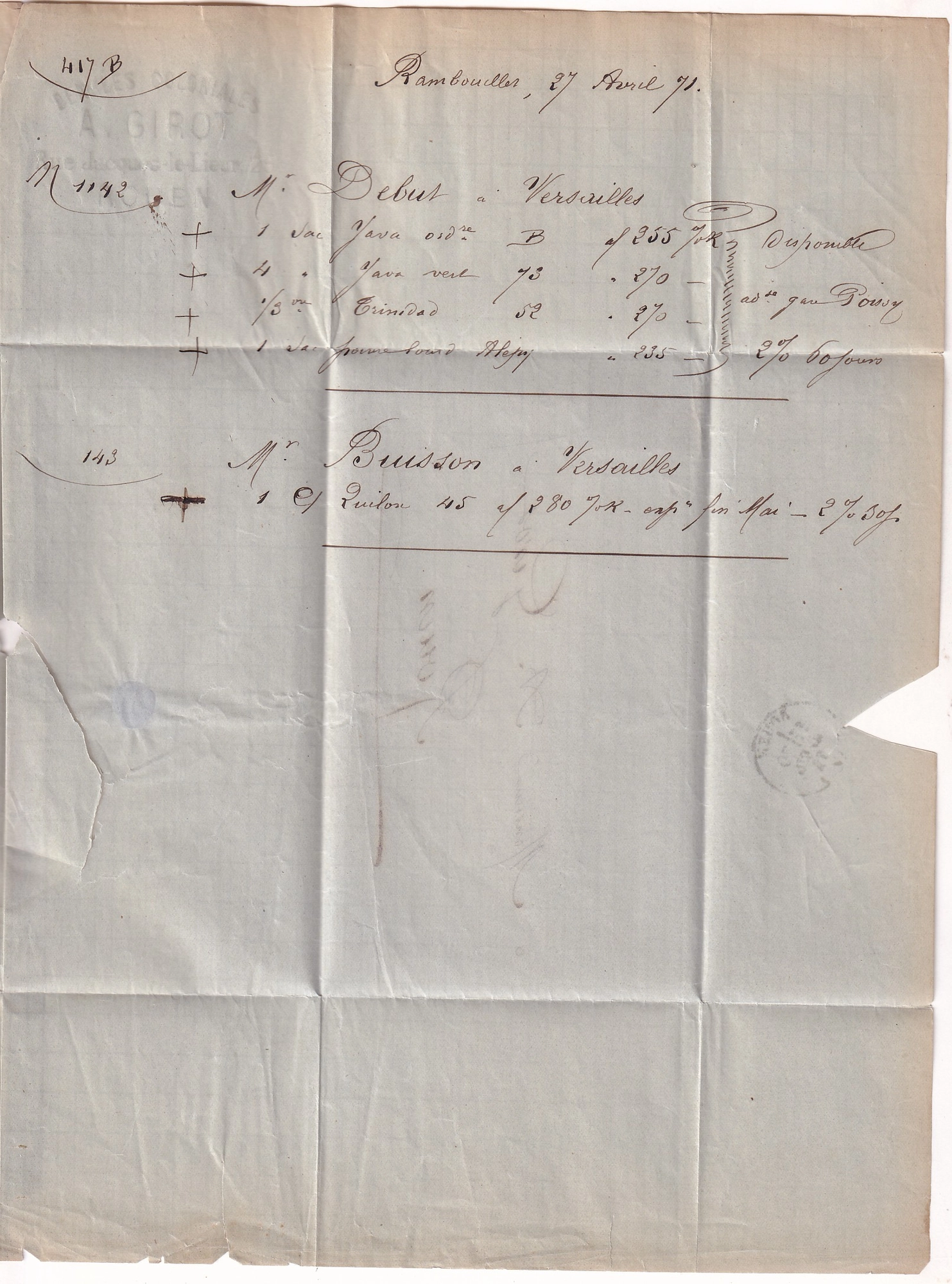 3 COMMUNE DE PARIS N°29 ANNULATION PLUME RAMBOUILLET SEINE ET OISE 27 AVRIL 1871 RETRAIT DE LA POSTE PRUSSIENNE POUR ROUEN SEINE INFERIEURE