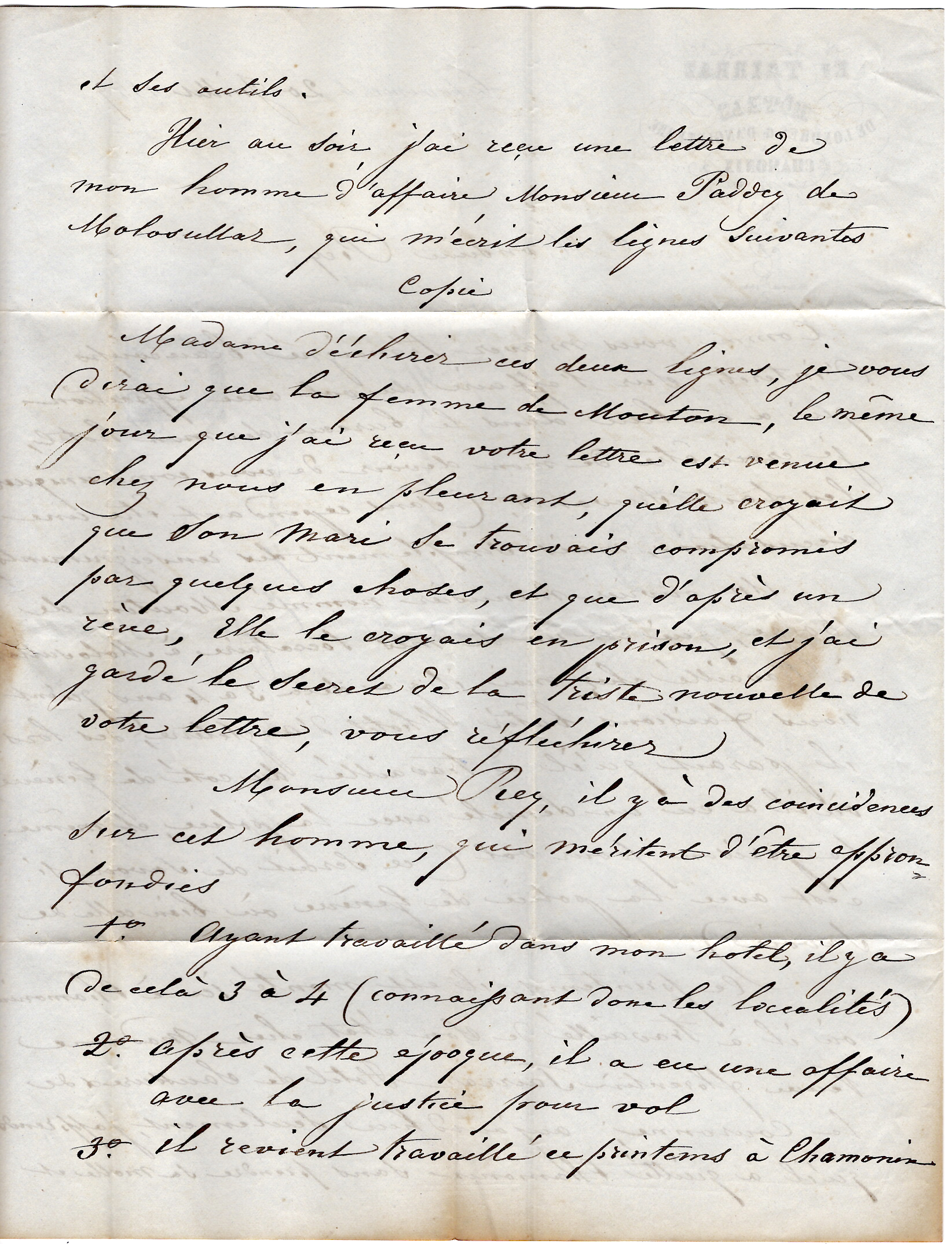 3 SARDE 20C CACHET SARDE BLEU CHAMONIX 21 JUIN 1859 LETTRE + FACTURE  TAIRRAZ HOTEL LONDRES ANGLETERRE