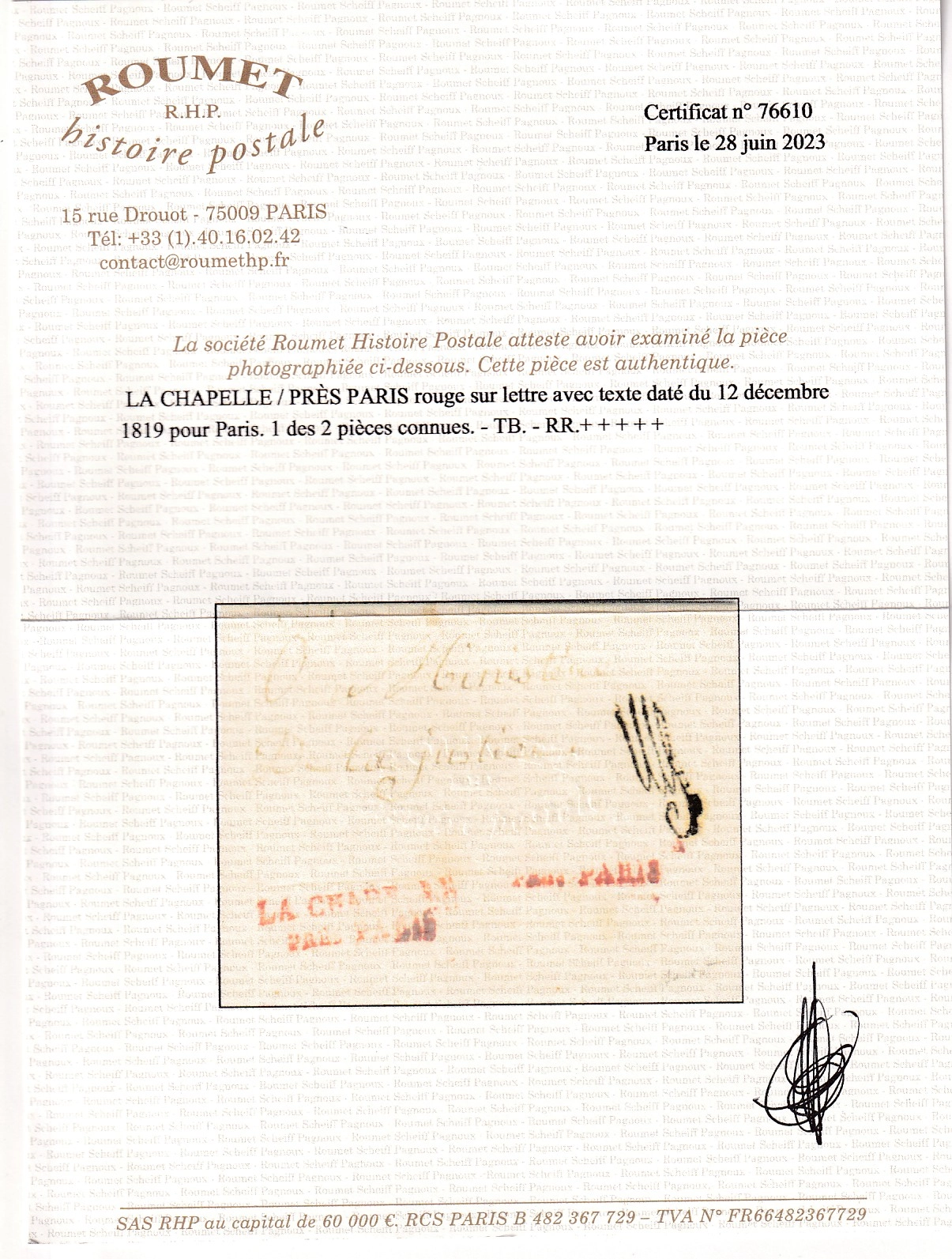 3 PETITE POSTE DE BANLIEUE LA CHAPELLE PRES PARIS EN ROUGE 1819 POUR PARIS FRANCHISE VERIFIEE 2 PIECES CONNUES RARE