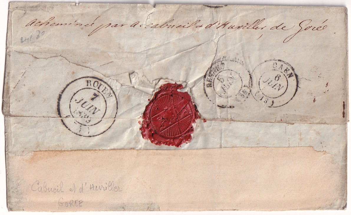 1 ACHEMINEUR CABUEIL D'HUVILLE DE GOREE SENEGAL ENTREE OUTREMER LORIENT 1839 MORBIHAN POUR ROUEN SEINE INFERIEURE