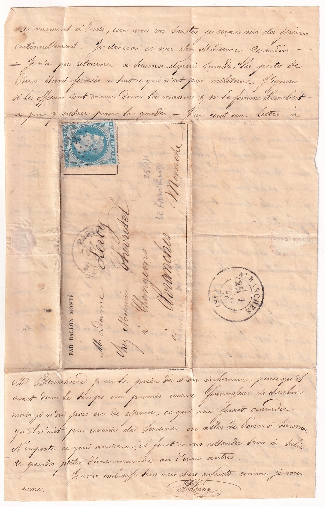 3 GUERRE 1870 BALLON MONTE LE FRAKLIN 1 DEC 1870 PARIS POUR AVRANCHES MANCHE