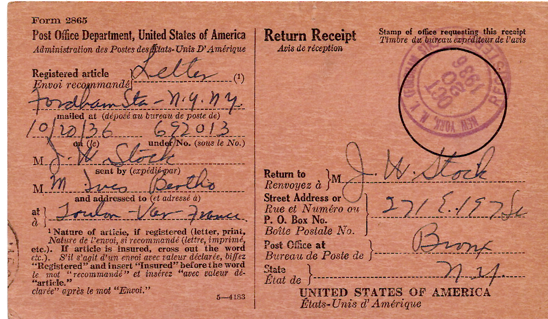 1 AVIS DE RECEPTION RETOUR USA + CACHET HEX PERLE CROISEUR TOURVILLE 29.10.36