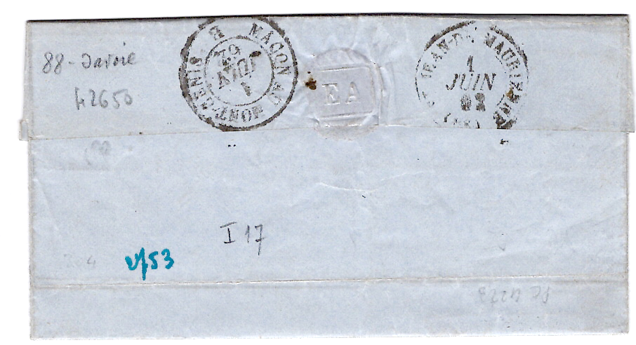 1 N° 14 PC 4223 TYPE MONTMELIAN 1 JUIN 1862 LETTRE POUR ST JEAN SAVOIE