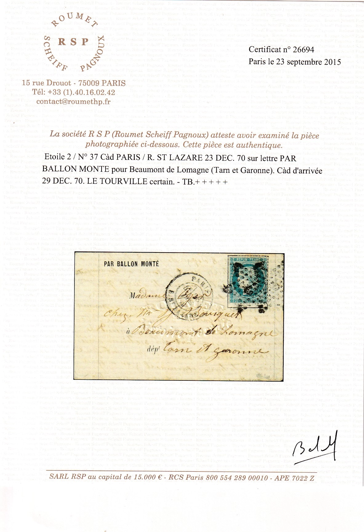3 BALLON MONTE LE TOURVILLE PARIS 23 DEC 1870 ARRIVE 29 DEC BEAUMONT DE LOMAGNE TARN ET GARONNE