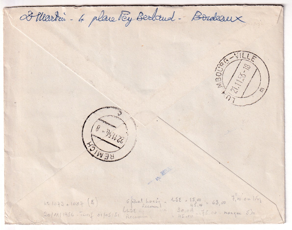 1 N°1073 1087 RECOMMANDE 1956 BORDEAUX POUR REMICH LUXEMBOURG