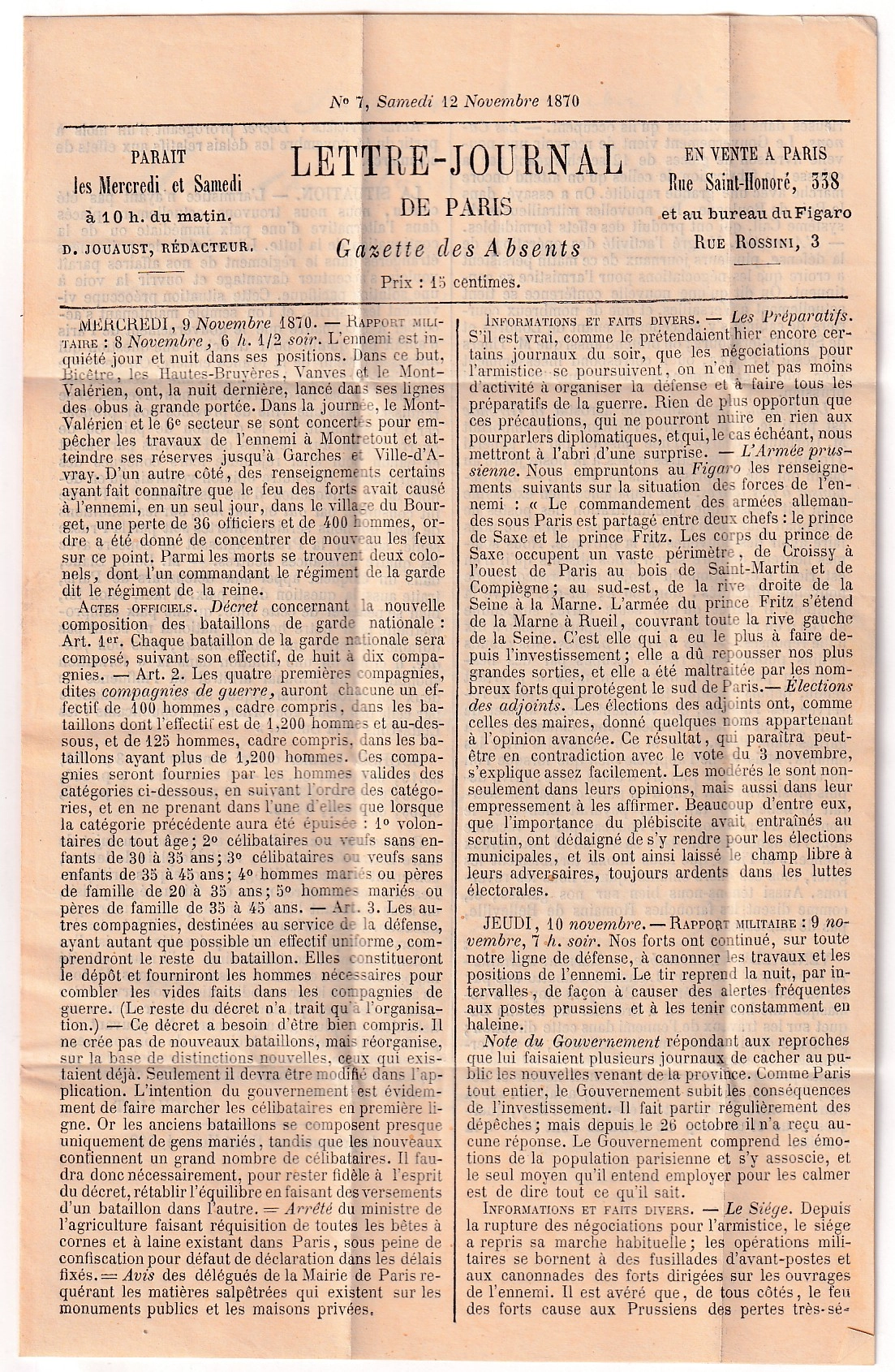 2 BALLON MONTE LE GENERAL UHRICH PARIS 12 NOV 1870 GAZETTE DES ABSENTS N°7 BEAUMONT DE LOMAGNE TARN ET GARONNE 28 NOV