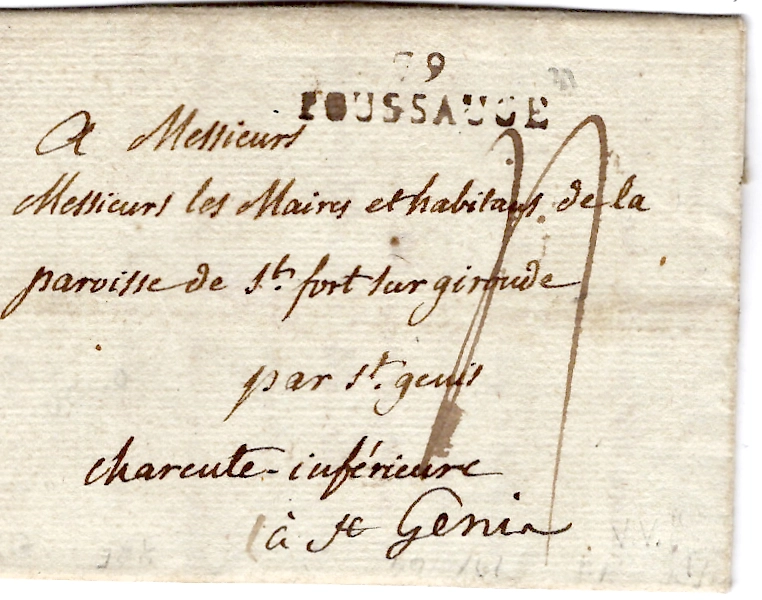 1 CHARENTE INFERIEURE MARQUE DEB 16 ST JEAN D'ANGELY 1817 LETTRE 79 POUSSAUGE VENDEE
