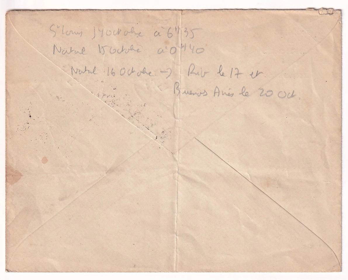 1 14.10.1927 SAINT LOUIS SENEGAL POUR RIO BRESIL PAR AVION NUNGESSER COLI AVIATEUR COSTES ET LEBRIX RARE 1ER TRAVERSE ATLANTIQUE SUD