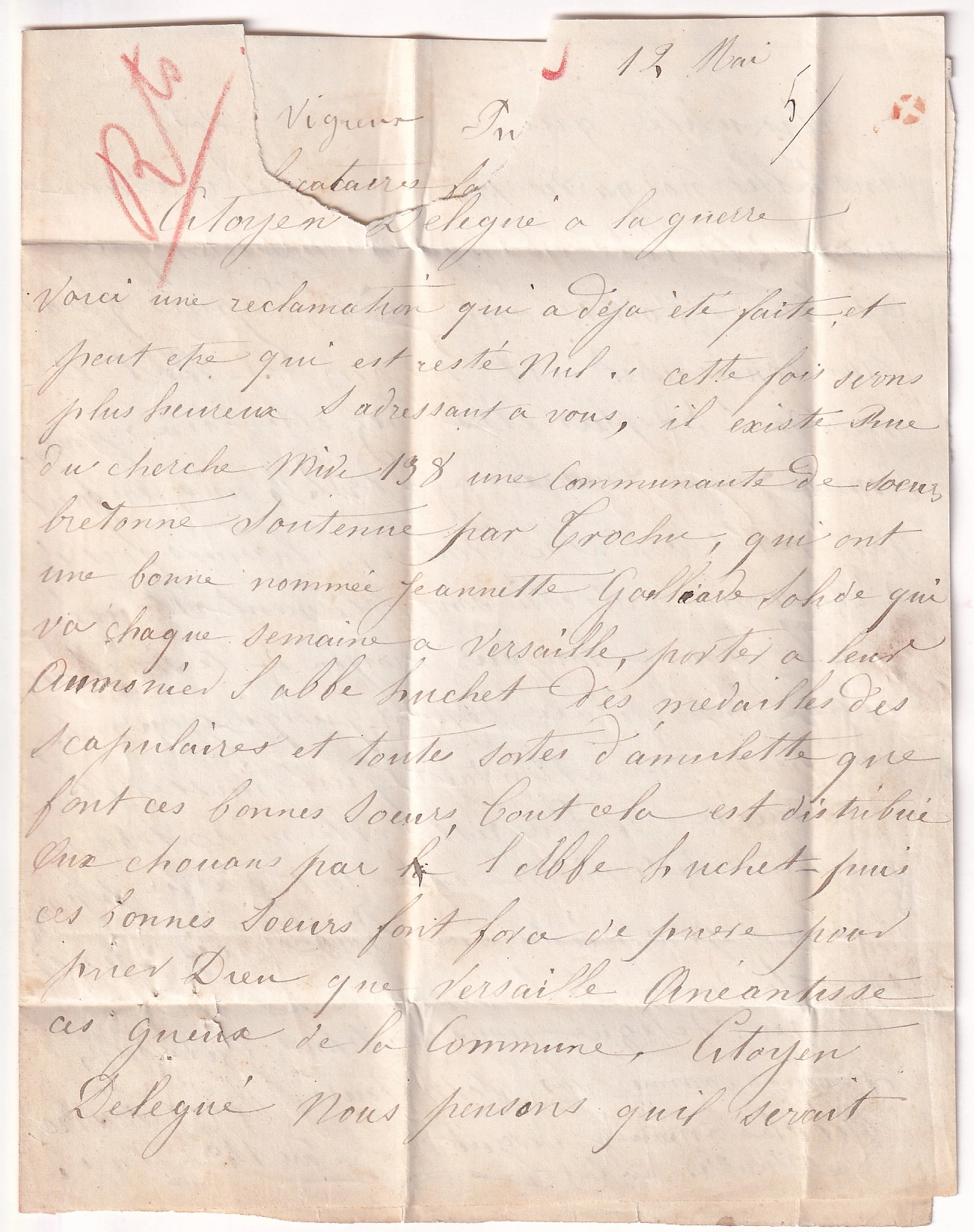 2 COMMUNE DE PARIS CACHET DE ROUTE 1 DU 12 MAI 1871 POUR CITOYEN DELECLUZE DELEGUE GUERRE DE LA COMMUNE AU DOS CONTRESEING