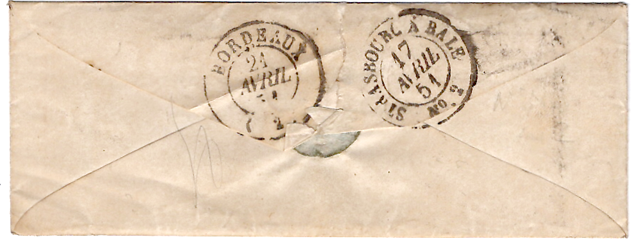3 VALENTINE TYPE 15 STRASBOURG BAS RHIN 17 AVRIL 1851 LETTRE TAXE 25 DT