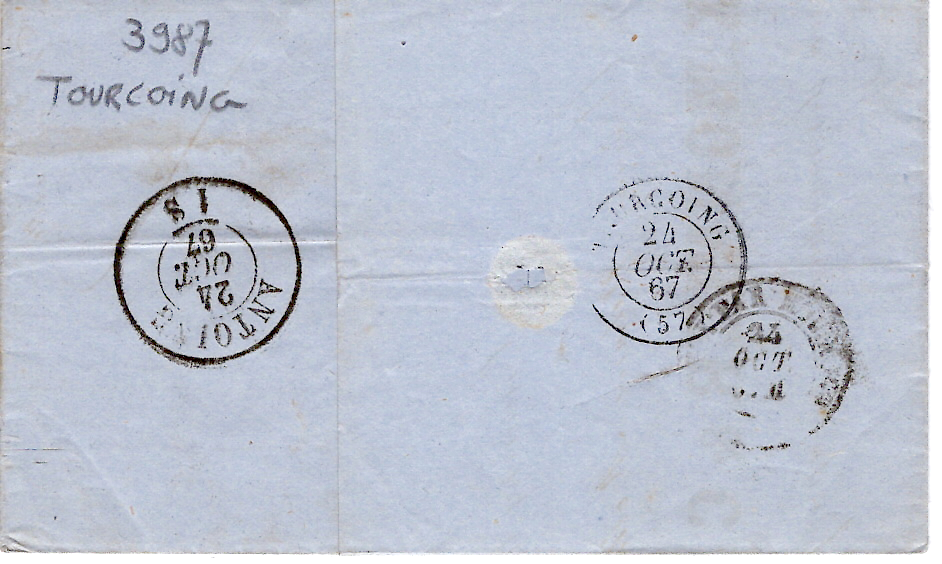 1 N° 22 GC 3987 TYPE 15 TOURCOING 23 OCT 1867 LETTRE  FACTURE BONNETRIE POUR HAINAUT BELGIQUE TARIF FRONTALIER