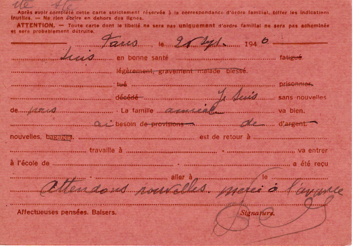 1 ENTIER IRIS 90C FAMILIAL ROSE PARIS 21 26.IX .1940 1FR JOUR EMISSION