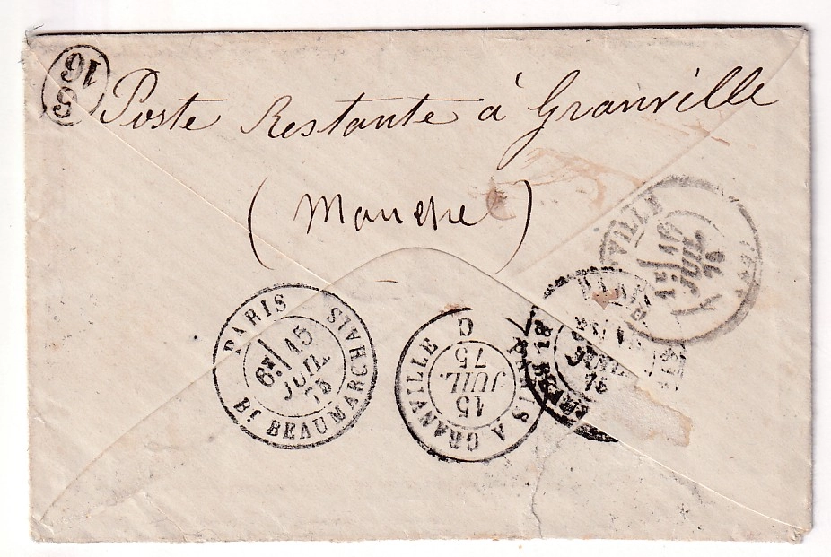 1 LETTRE REEXPEDIEE N°55 GC 3921 PARIS LES TERNES PUIS N°53 PAIRE ETOILE 12 BT BEAUMARCHAIS AU VERSO REEXPEDIEE GRANVILLE MANCHE