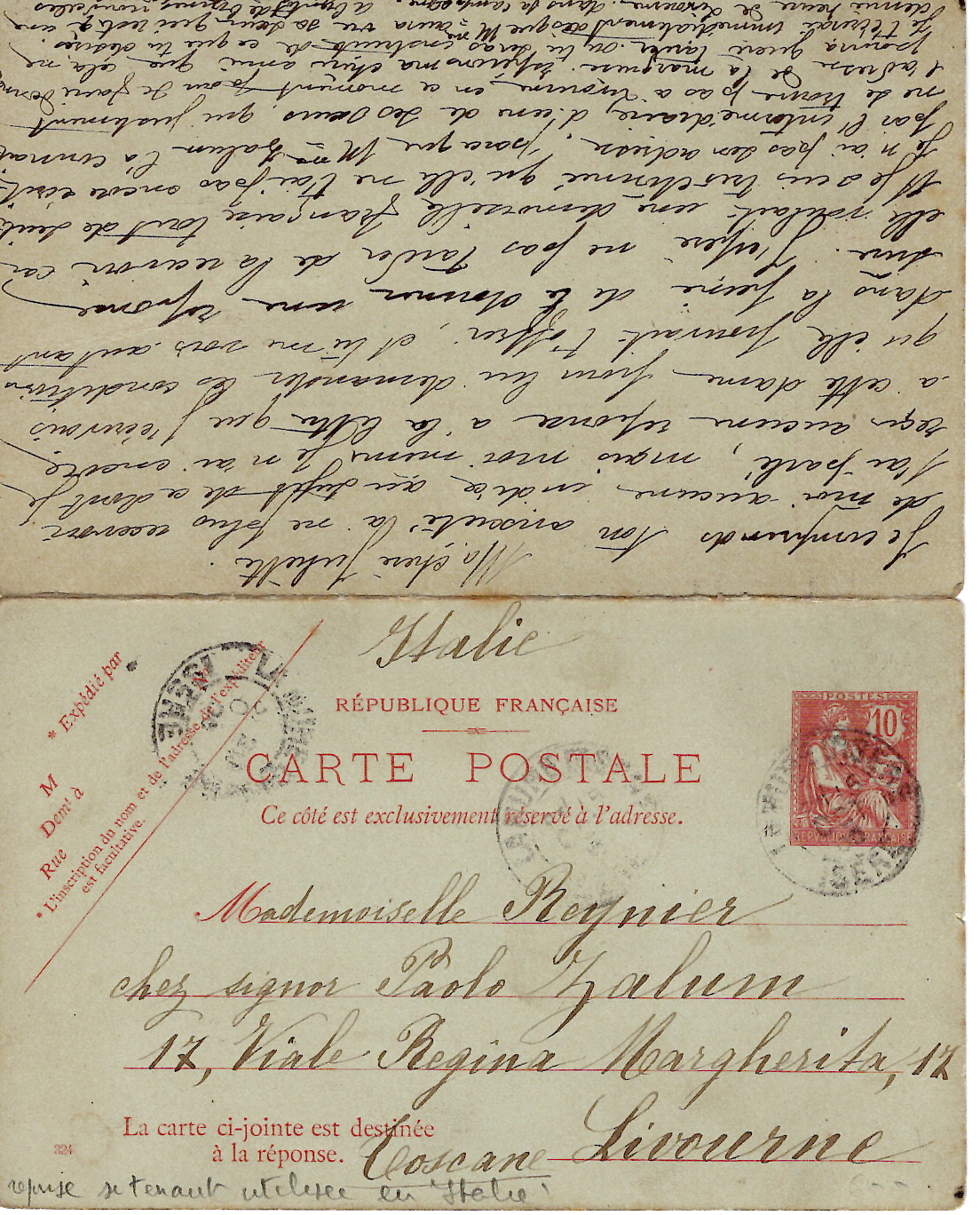 1 ENTIER 10C MOUCHON CARTE AVEC REPONSE COMPLETE LIVORNO 1903