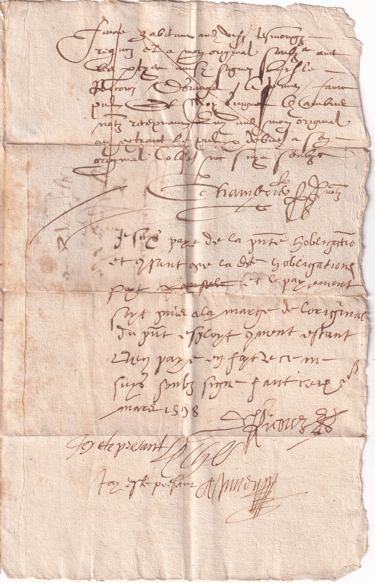 4 LETTRE DE 1598 AVEC MENTION DE PORT CERTIFICAT ROUMET INDICE 29