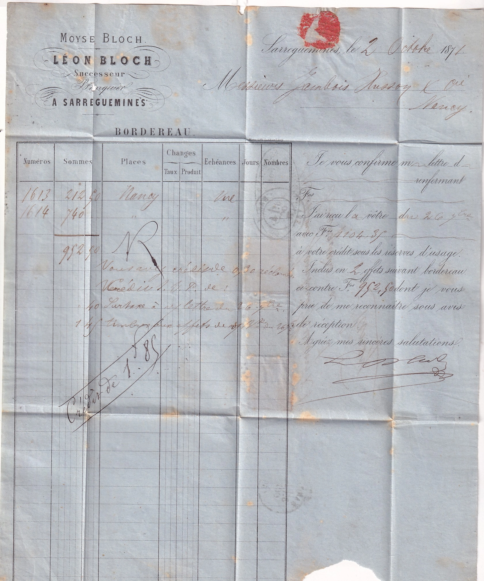 2 N°36 25 27 GC 2598 NANCY POUR NANCY MEURTHE ET MOSELLE ACHEMINEE DE SARREGUEMINES 4 OCT 1871 TARIF LOCALE