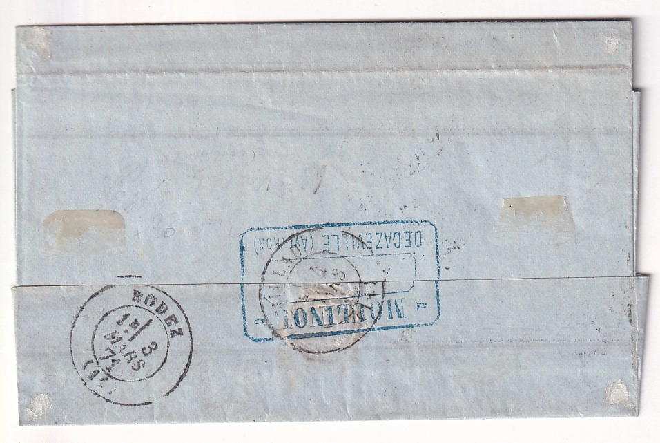 1 N°46B PAIRE TTB VARIETE TACHE SUR S DE POSTES GC 1284 DECAZEVILLE AVEYRON POUR MILLAU 2 MARS 1871