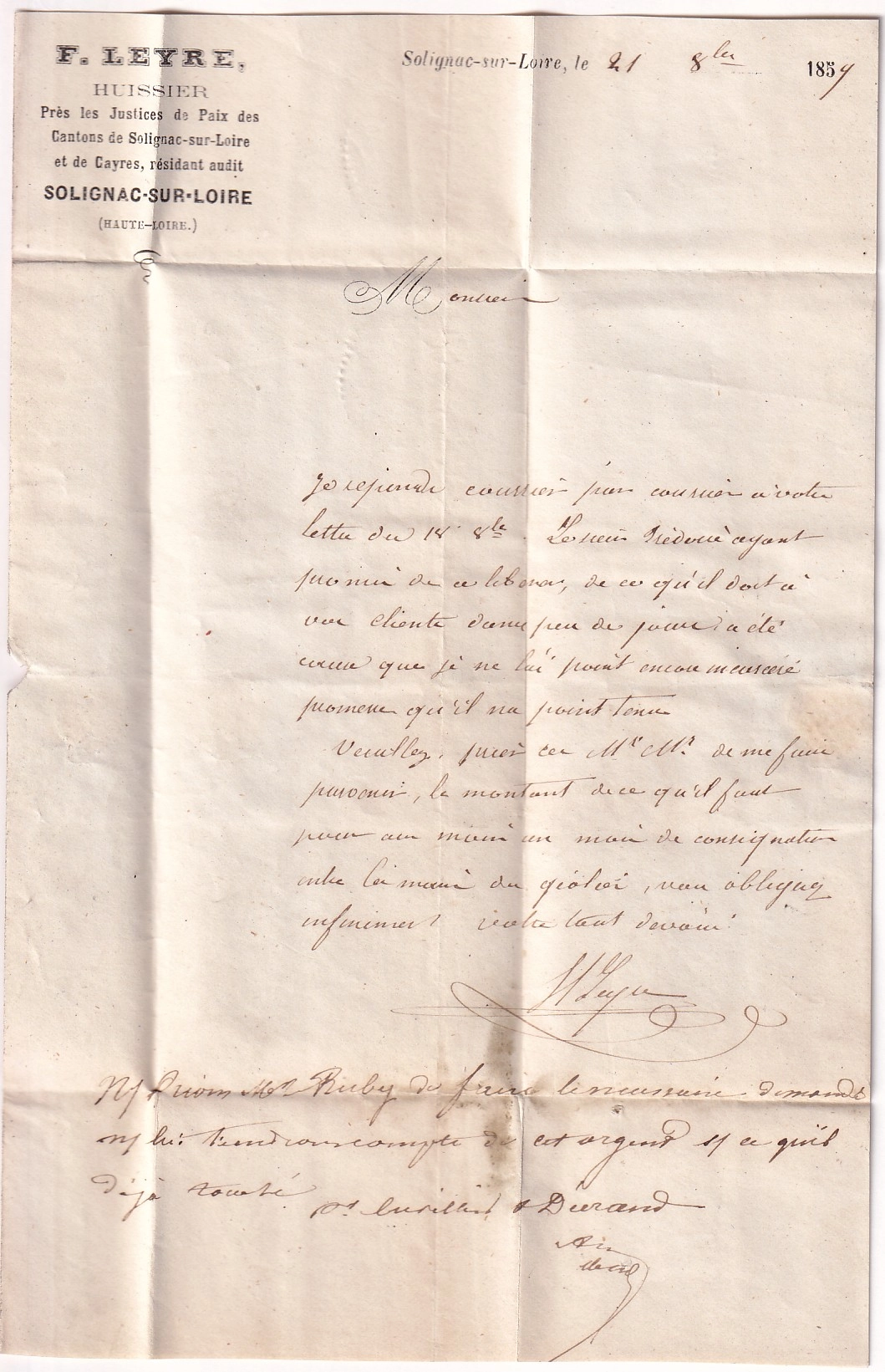 2 CAD TYPE 22 SOLIGNAC SUR LOIRE HAUTE LOIRE RARE PERIODE PC POUR LYON RHONE 1859