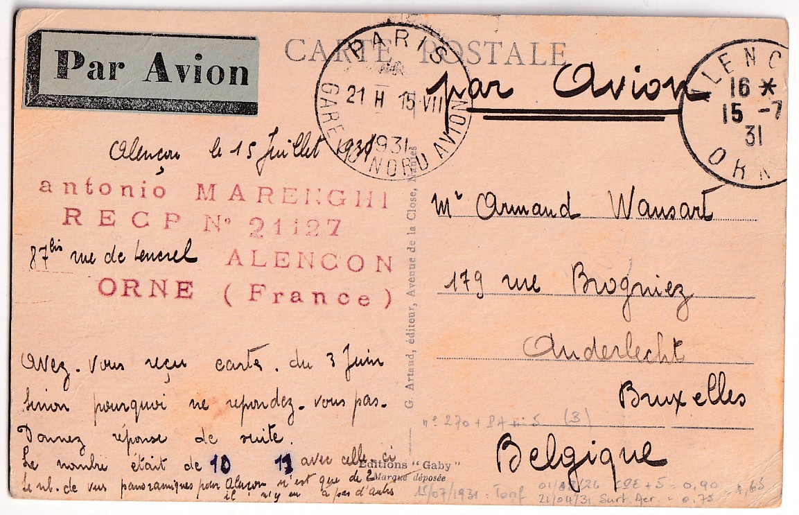 1 PAN°5 270 CARTE POSTALE PAR AVION PARIS 1931 POUR BRUXELLES BELGIQUE