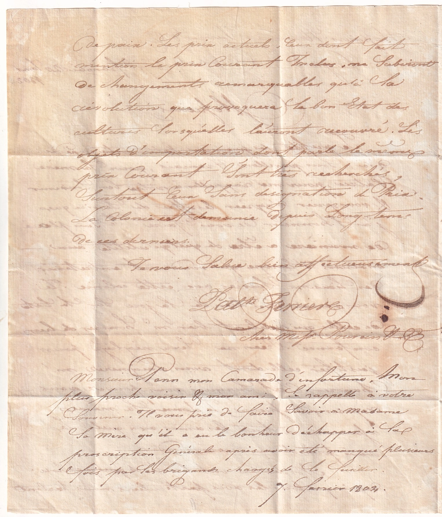 2 MARQUE MARITIME COLONIE PAR BREST FINISTERE 1802 TEXTE DE CAP FRANCAIS HAITI POUR COGNAC CHARENTE