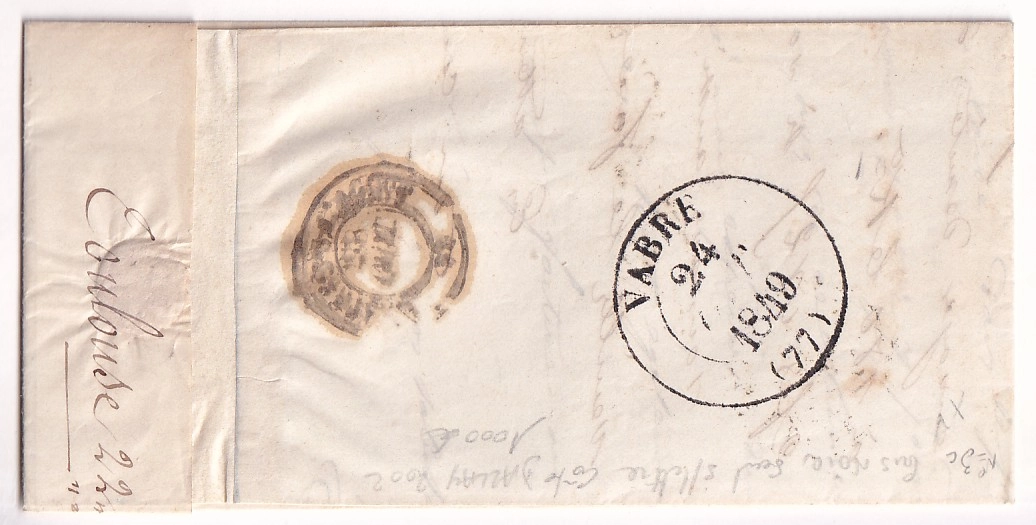 1 N°3 COULEUR FAUVE GRILLE TOULOUSE 23.10.1849 POUR VABRE TARN TAXE 2 ANNULEE