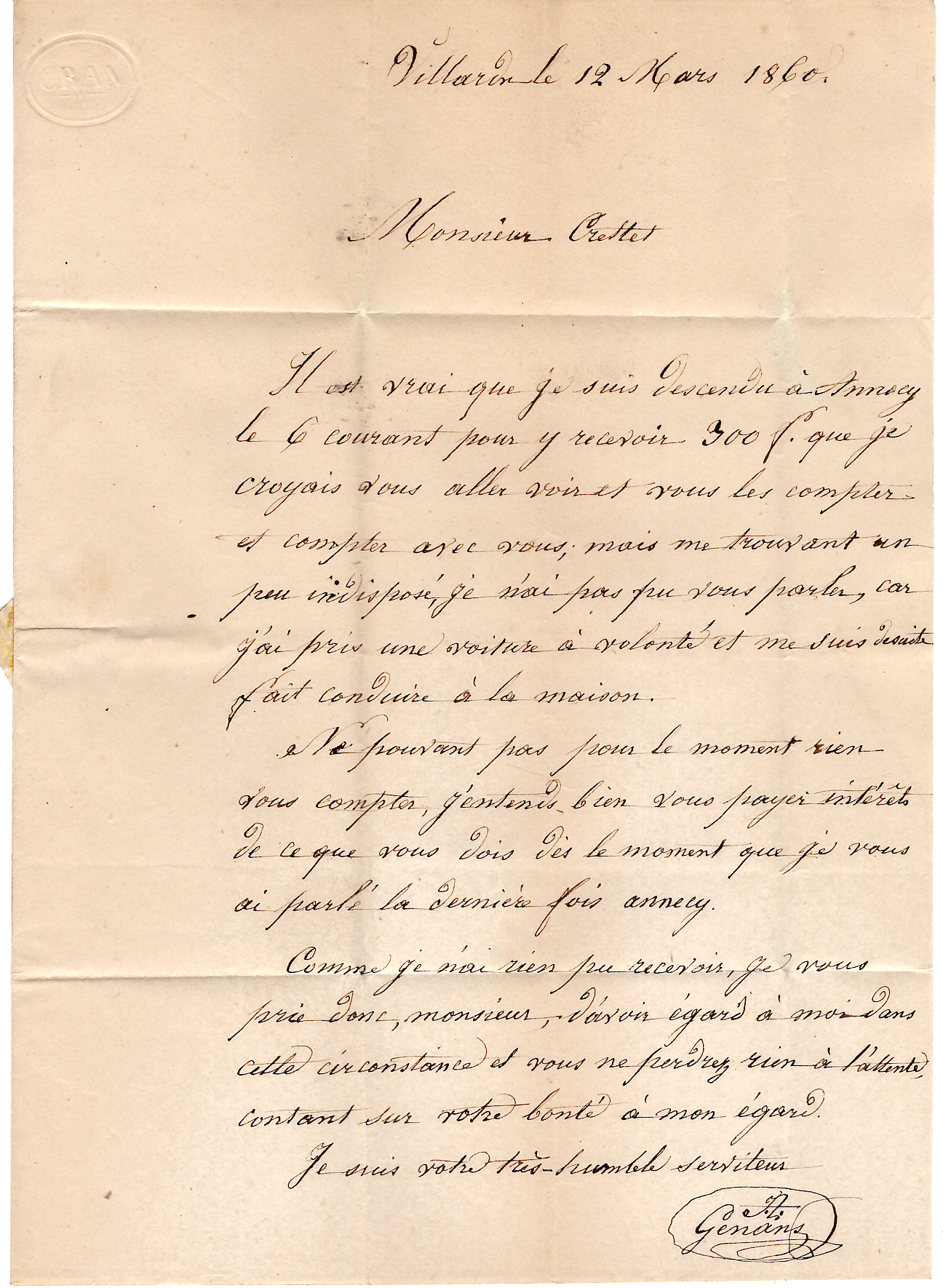 2 SARDE 20C LETTRE THONES 1860  ECRITE VILLARIN POUR ANNECY