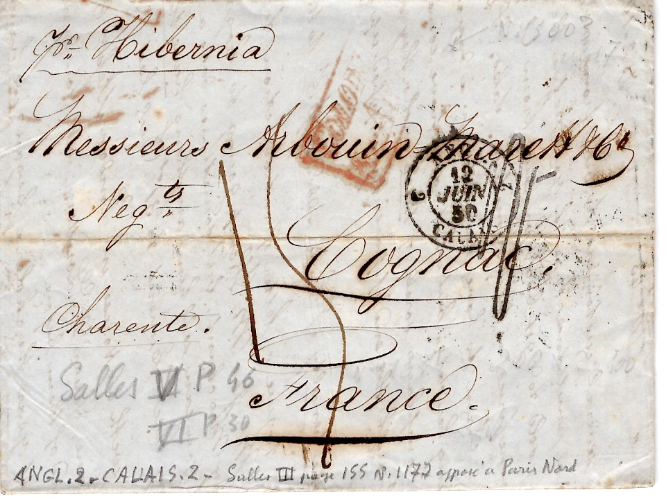 1 ETATS UNIS LETTRE BALTIMORE 1850 + AMERICA JUL 10 A 500 POUR COGNAC PAR HIBERNIA