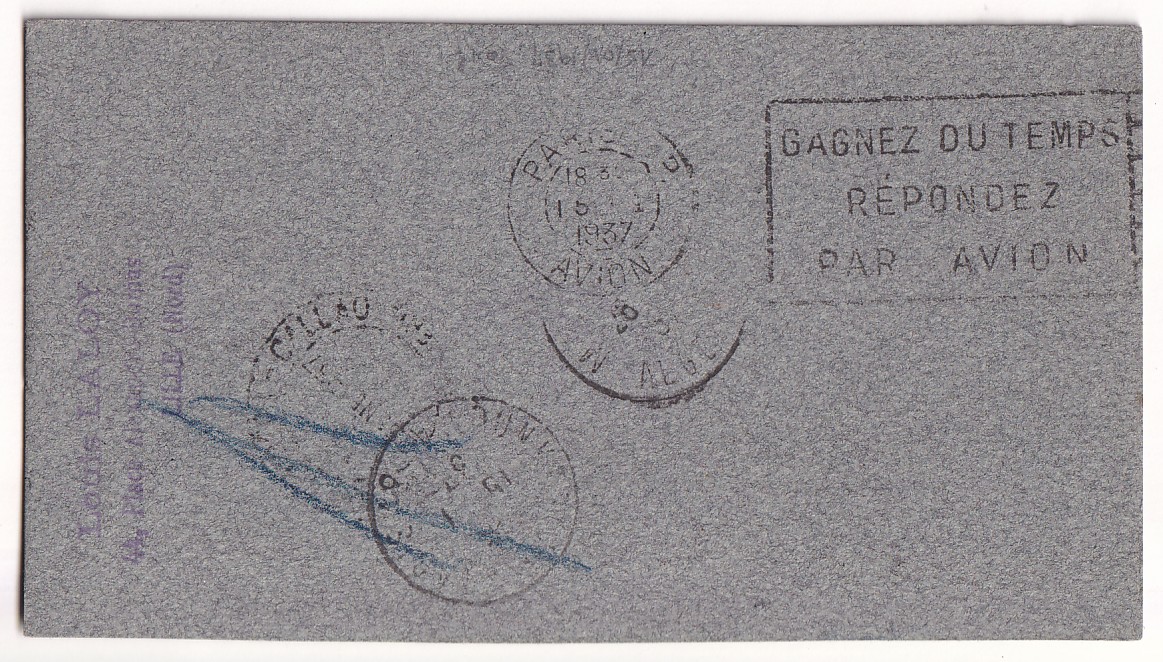 1 N°319 332 LILLE NORD SUR CARTE POSTALE 1937 POUR CALLAO PEROU