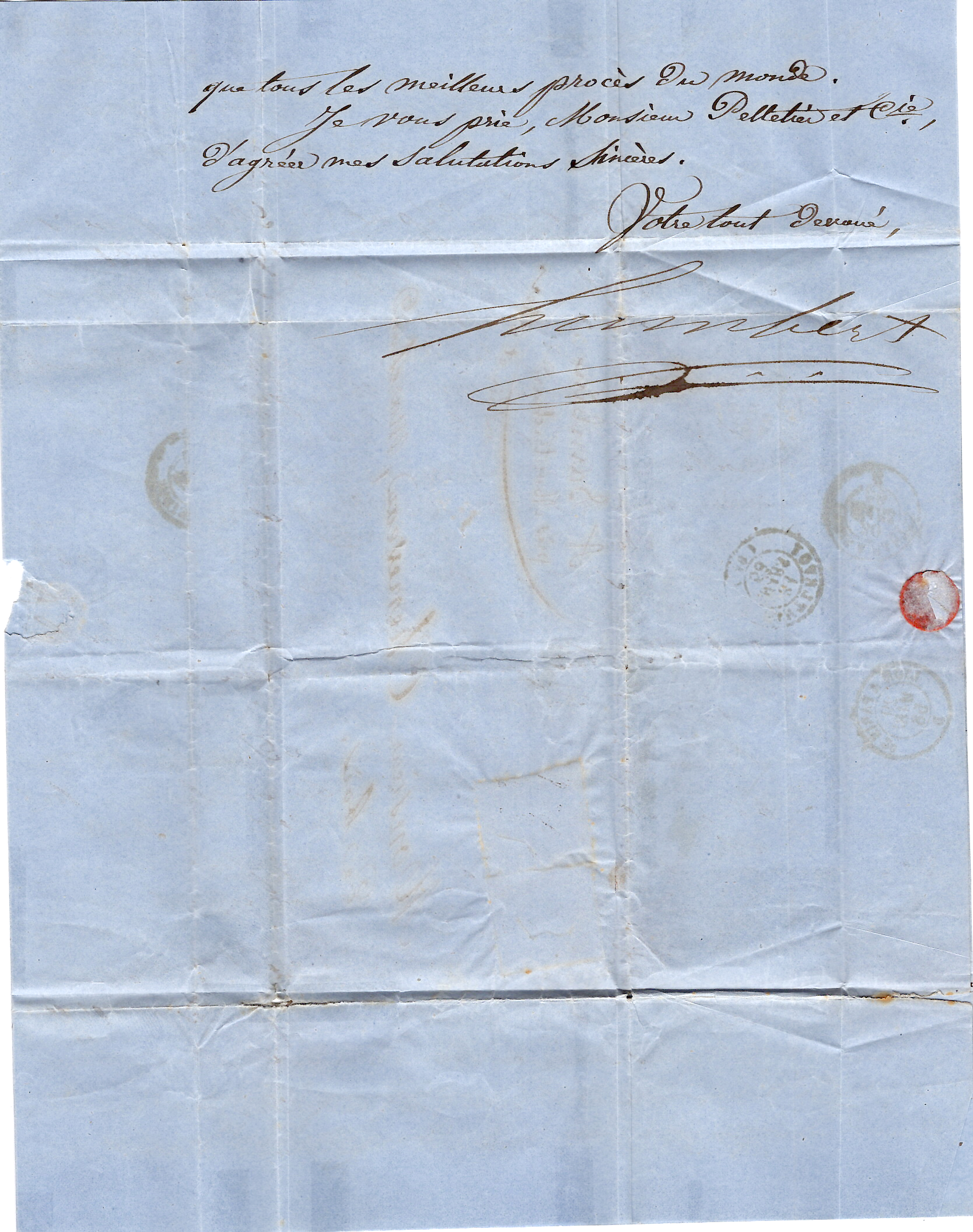 4 SARDE 40C EFFLEURE EN BAS 10C GRANDES MARGES LETTRE TANINGES 1858 POUR  LOIR ET CHER