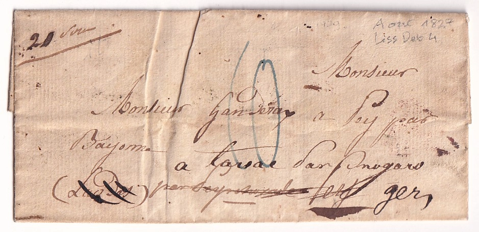1 DOUBLE DEBOURSE DEB 64 ST JEAN DE LUZ + DEB 39 PEYREHORADE LANDES BASSES PYRENEES 1827 DEPART PARIS
