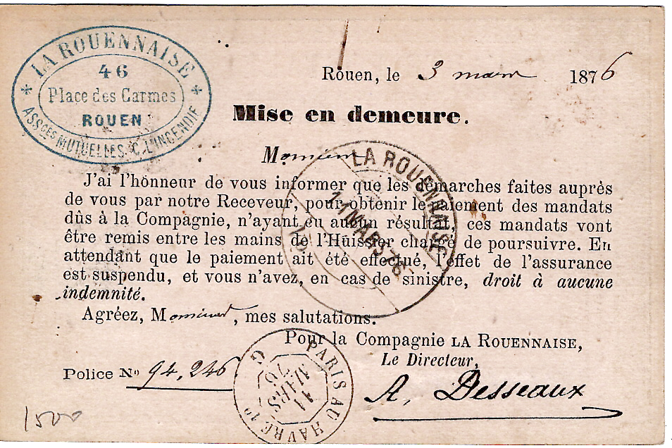 1 CERES 25C+15C CARTE PRECURSEUR REC ROUEN 1876 POUR ALLINGES HAUTE SAVOIE RETOUR 3949