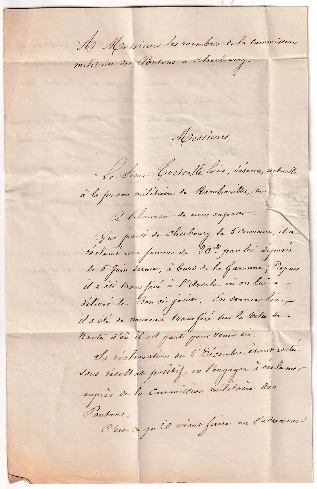 2 LETTRE ADRESSE A LA COMMISSION MILITAIRE DES PONTONS A CHERBOURG MANCHE ECRITE DE LA PRISON MILITAIRE DE RAMBOUILLET 8 DEC 1871 AU SUJET DU PONTON LA GARONNE N°20 X5 POUR VERSAILLES COMMUNE DE PARIS