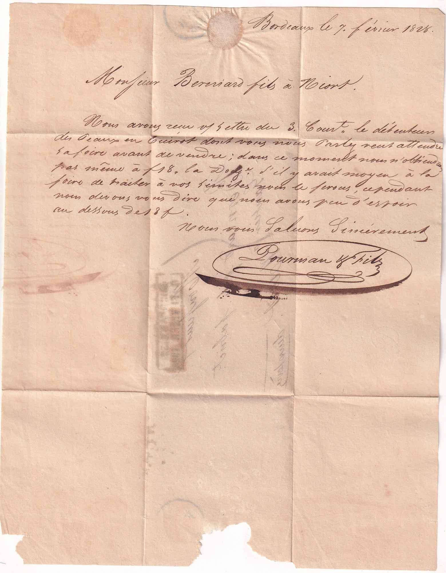 2 MARQUE ESSAI FEVRIER 1828 BORDEAUX GIRONDE DU 6 FEVRIER POUR NIORT DEUX SEVRES INDICE 20