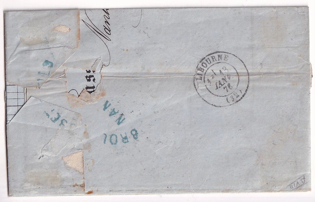 1 N°38 + 51 BANDE DE 5 GC 2602 NANTES POUR LIBOURNE GIRONDE 1876