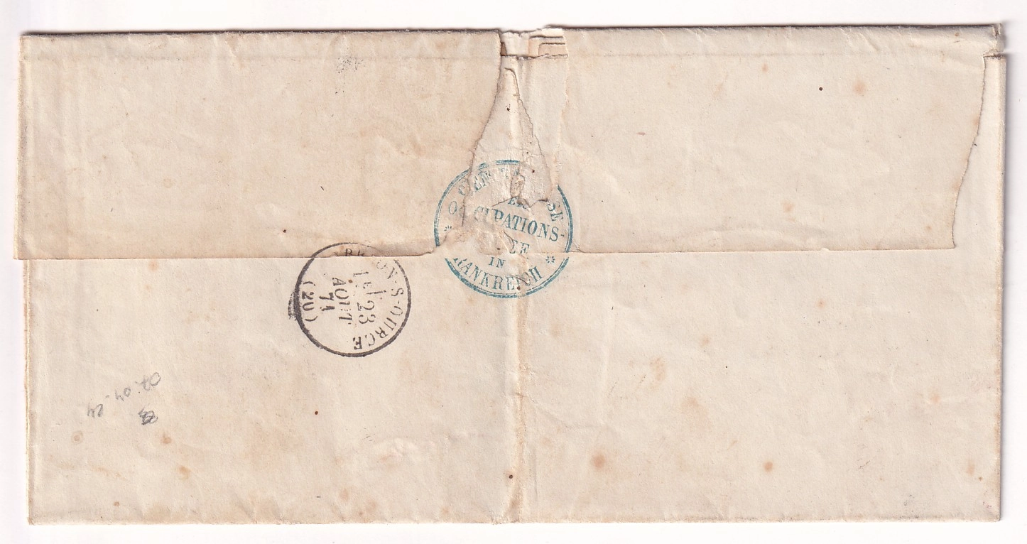 1 GUERRE 1870 DIJON COTE D'OR FELDPOST RELAIS EXPED 19 INF DIV POUR BRION SUR OURCE 22 AOUT 1871