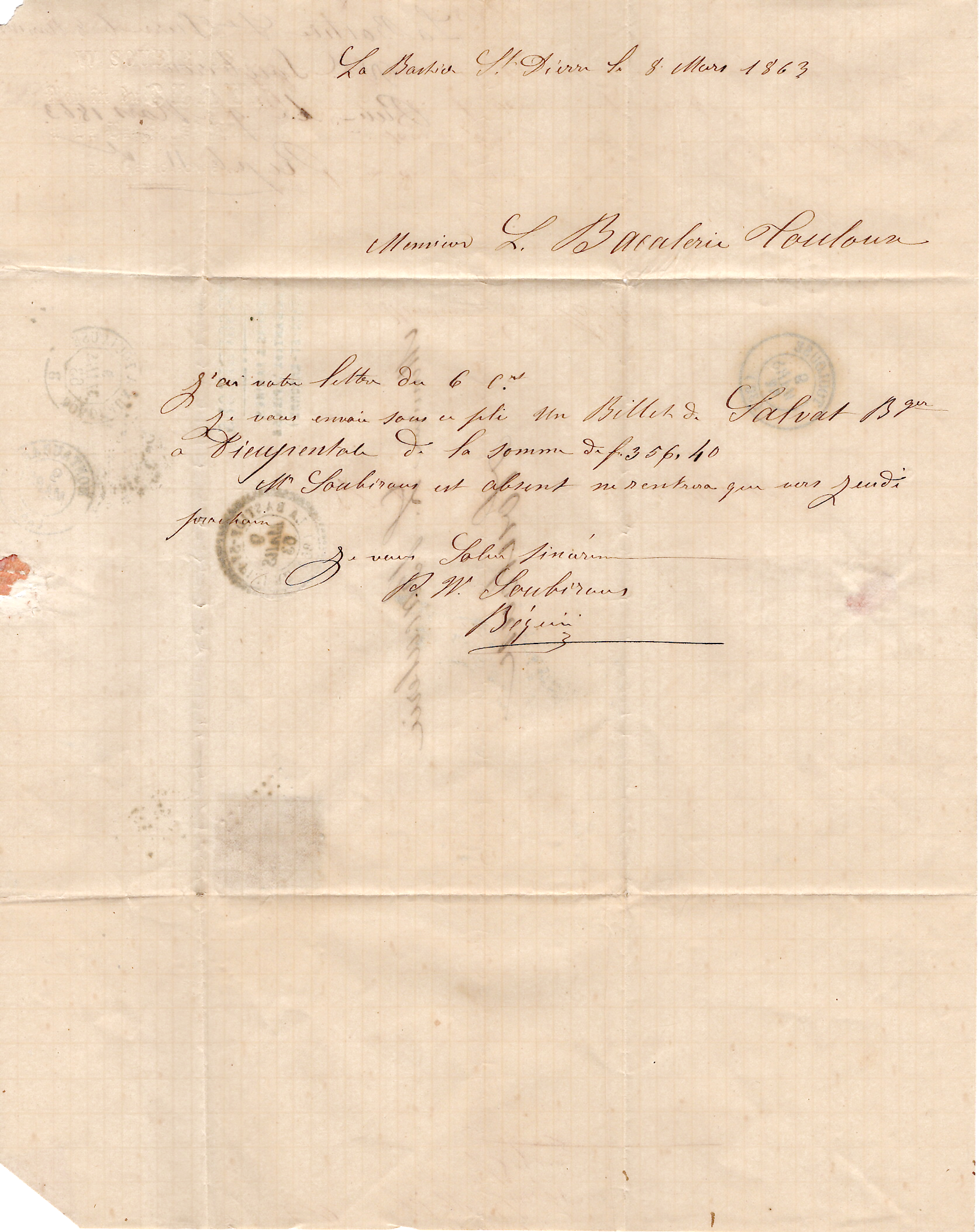 2 N° 22 PC GC 345 LA BASTIDE ST PIERRE 9 MARS 1863 LETTRE TARN ET GARONNE