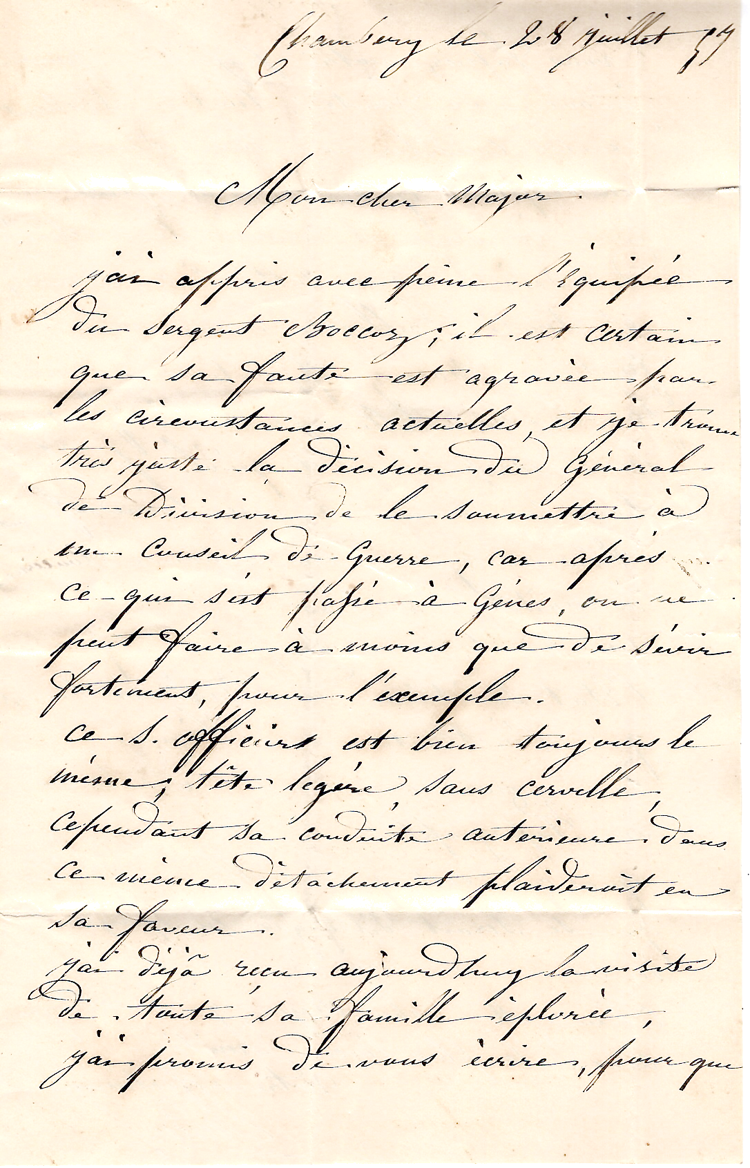 2 SARDE 20C 4 BELLES MARGES CHAMBERY 29 JUIL 1857 LETTRE MILITAIRE A GENES  SUPERBE