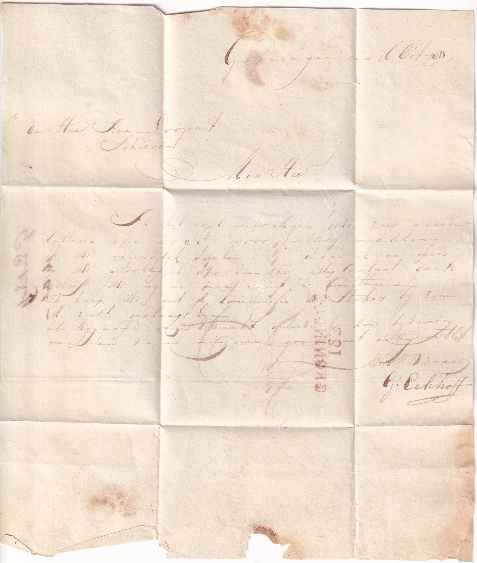 1 MARQUE CONQUIS 123 GRONINGUE PAYS BAS EN ROUGE POUR SCHIEDAM 1811 NEDERLAND