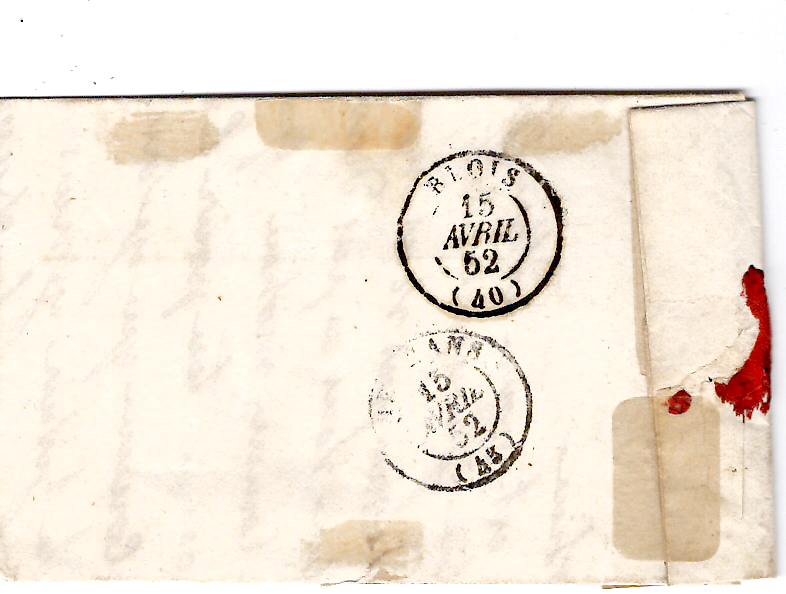 1 N° 4 PC 2777 TYPE 13 SALBRIS LOIR ET CHER 14 AVRIL 1852 LETTRE POUR BLOIS