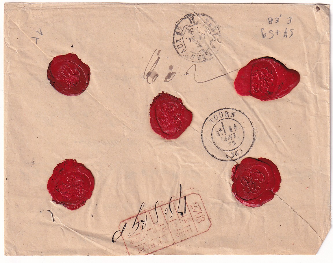 1 N°57 X3 59 X2 GC 2793 REFAIT PARIS PASSY LES PARIS LETTRE CHARGE POUR TOURS INDRE ET LOIRE 10 JANVIER 1873