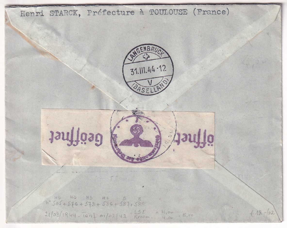 1 N°505 576 585 586 587 5887 LETTRE RECOMMANDE TOULOUSE  POUR LANGENBRUCK SUISSE