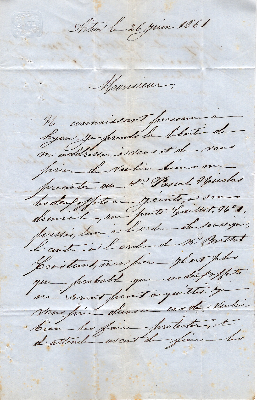2 N° 14 PC 4196 TYPE 15 AIGUEBELLE 28 JUIN 1861 LETTRE  ECRITE AITON SAVOIE