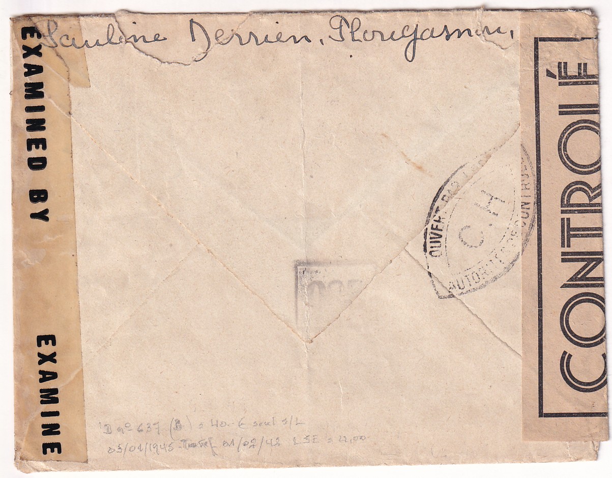 1 N°627 SEUL SUR LETTRE PLOGASNOU FINISTERE POUR LES USA 1945 CENSURE CENSOR C.H