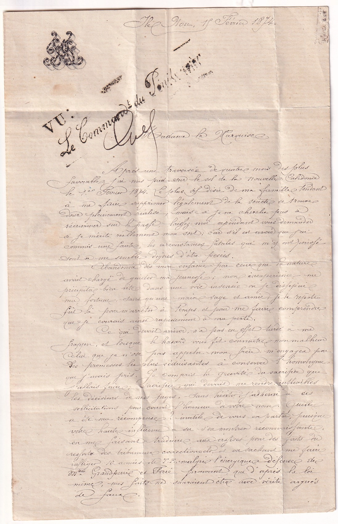 2 LETTRE AVEC GRIFFE LE COMMANDANT DU PENITENCIER DE L'ILE DE NOU NOUVELLE CALEDONNIE CAD NOUMEA 15 FEVRIER 1874 POUR LA MARQUISE DE FALLETANS JURA COMMUNE DE PARIS