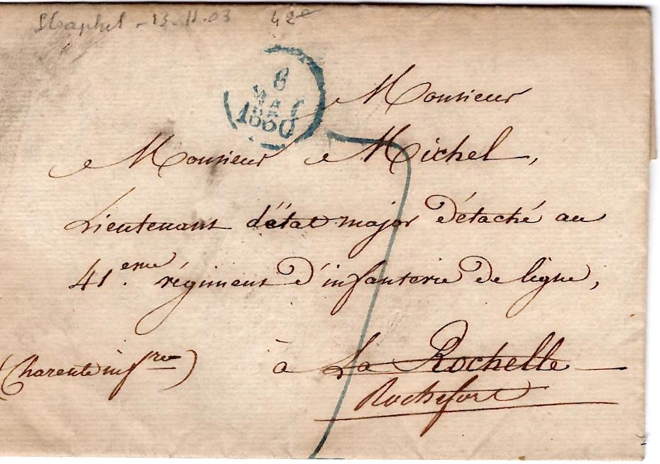 1 CHARENTE INFERIEURE DEB 16 LA ROCHELLE 1830 LETTRE DE PARIS POUR MILITAIRE A LA ROCHELLE