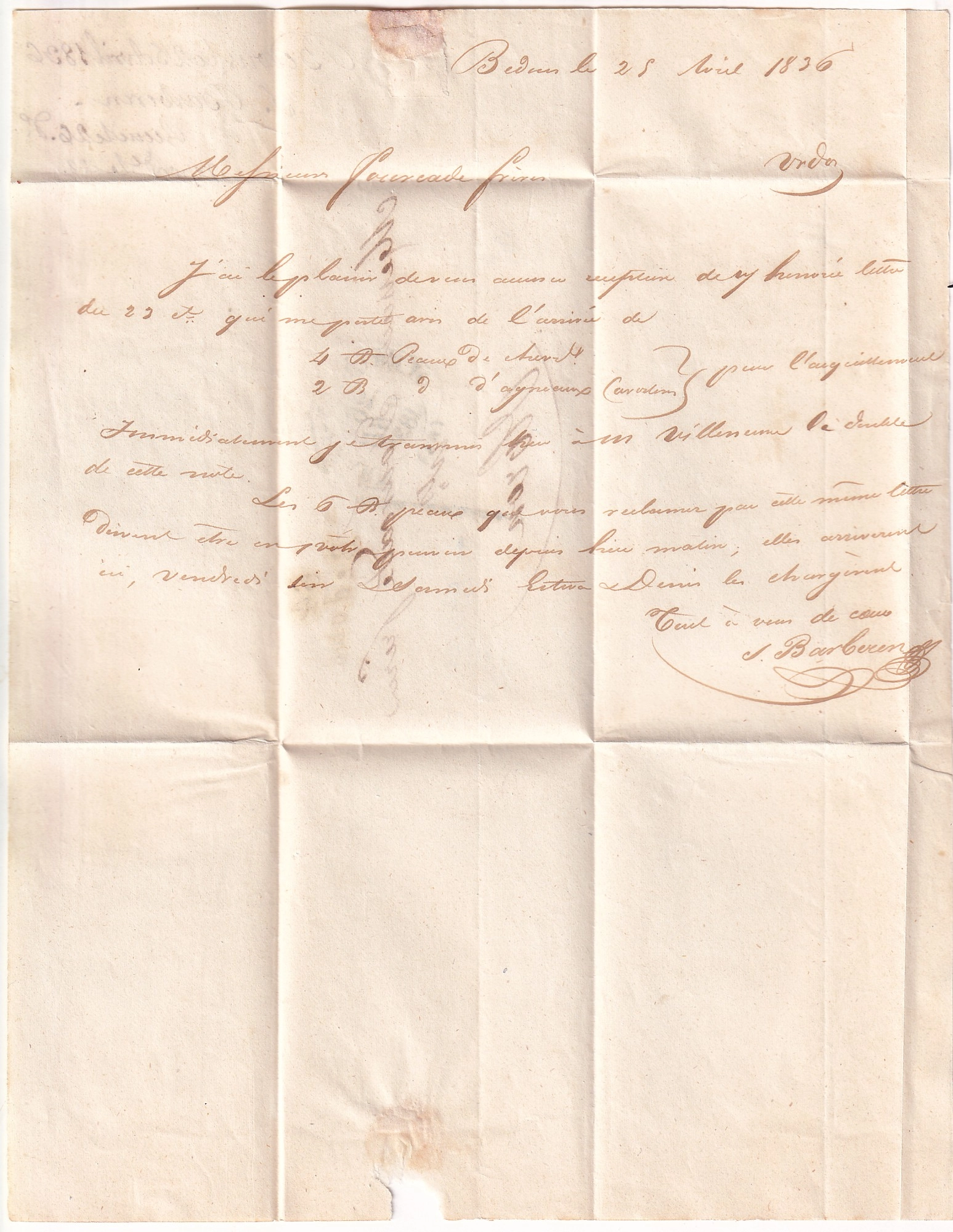 1 TAXE TAMPON 1 DE FABRICATION LOCALE CURSIVE 64 BEDOUS BASSES PYRENEES 1836 POUR OLORON