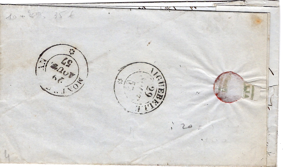 1 SARDE 20C EFFLEURE A GAUCHE LETTRE ROCHETTE 29 MAR 1857