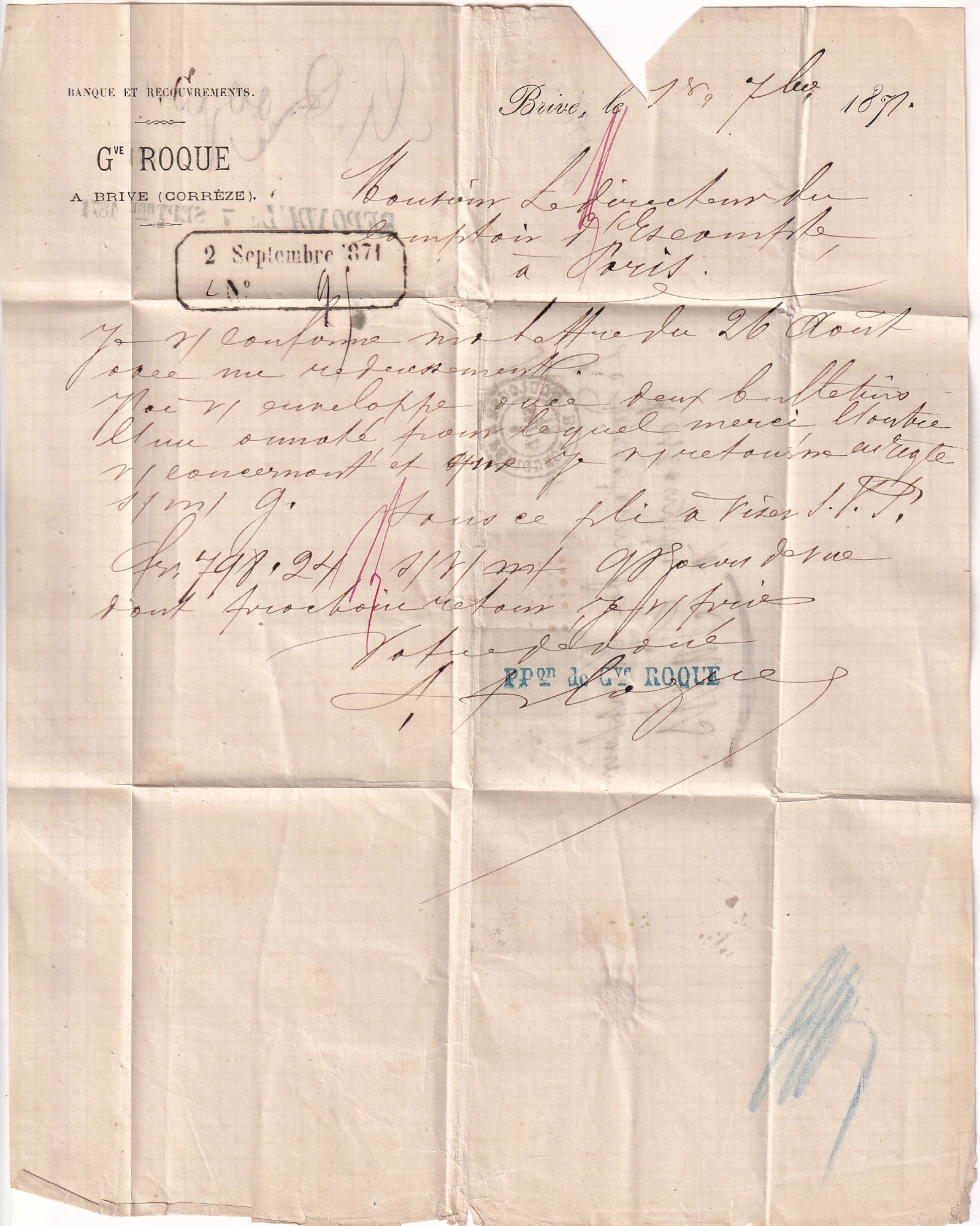 1 N°20 37 AMBULANT TOULOUSE A PARIGUEUX DU 1ER SEPTEMBRE 1871 POUR PARIS DEPART BRIVE CORREZE