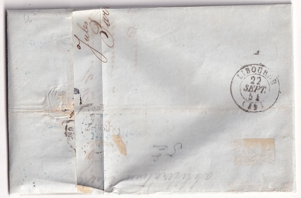 2 N°14 BLEU LAITEUX PARIS 1 (60) 1 ETOILE BLEU RARE INDICE 29 POUR LIBOURNE GIRONDE 21 SEPTEMBRE 1854